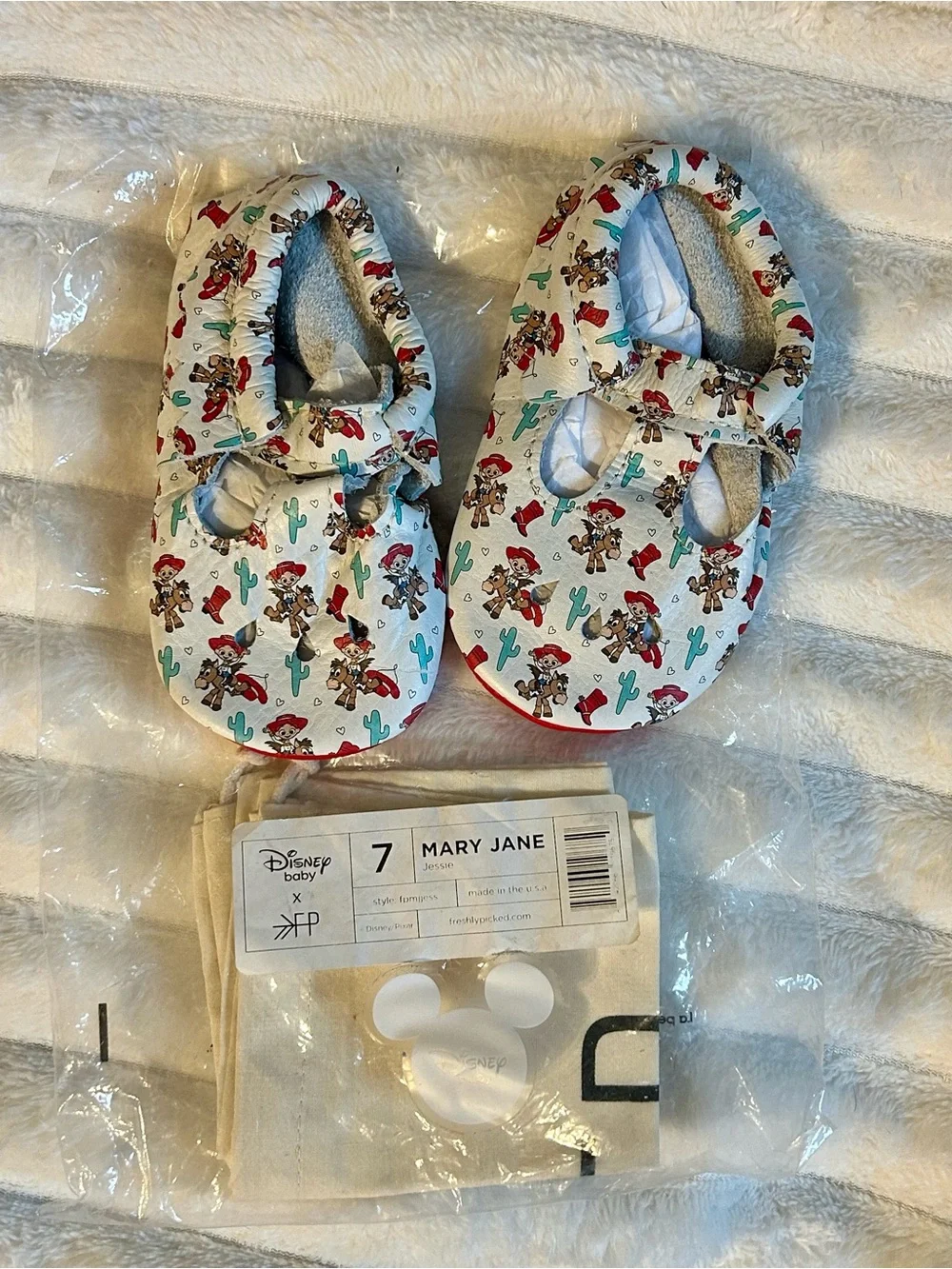 Freshly Picked White Mary Jane Baby Shoes with Red and Teal Accents